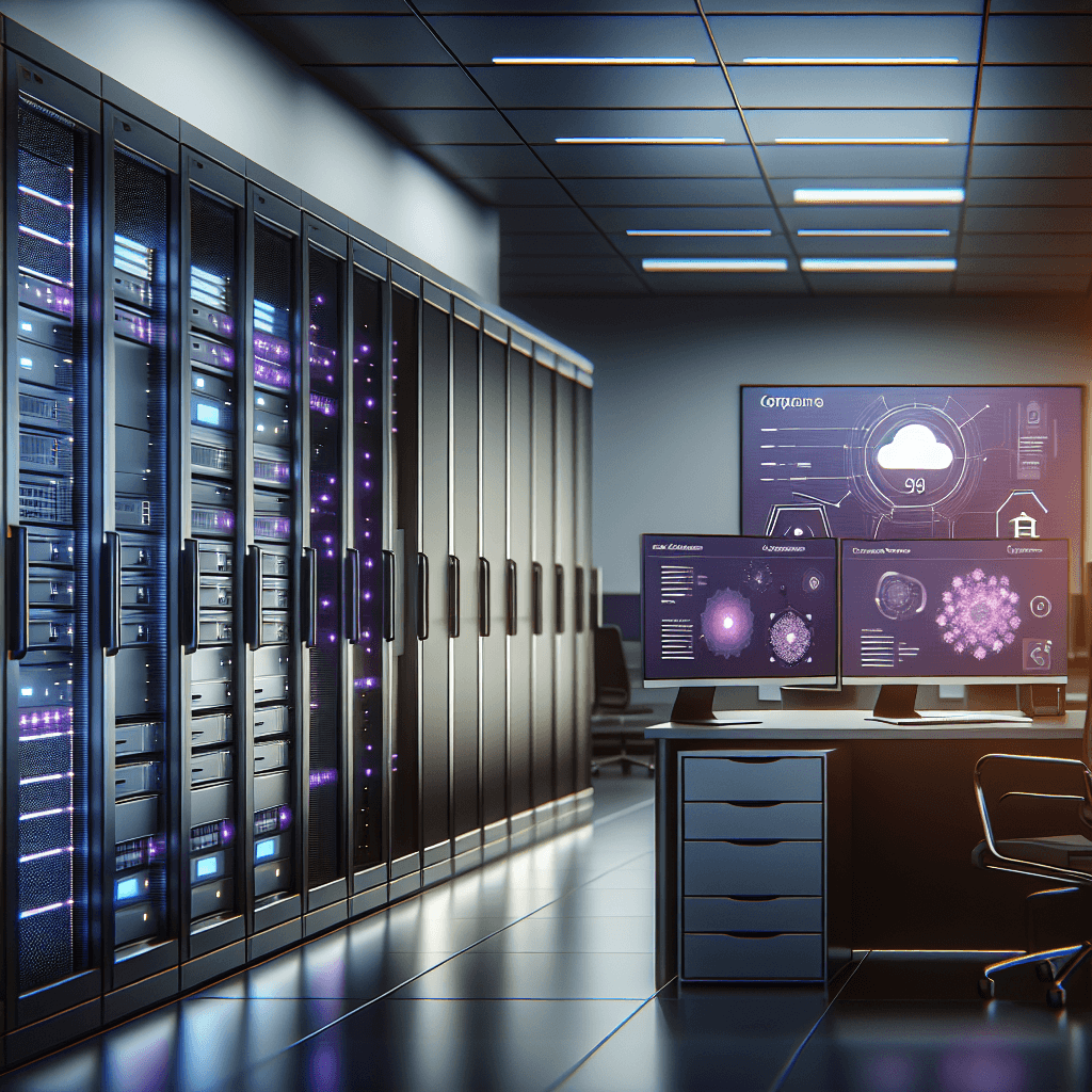 Infrastructure informatique professionnelle avec baie serveur et poste d’administration