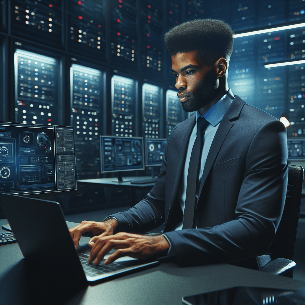Consultant IT noir travaillant dans un environnement professionnel avec plusieurs écrans