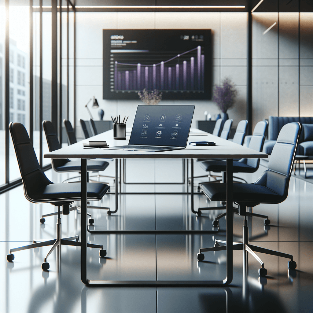 Table de réunion professionnelle avec ordinateur portable pour échange IT